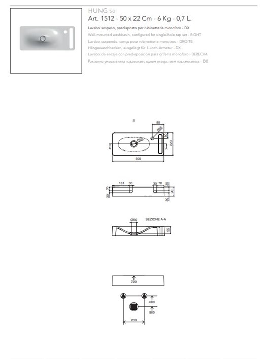 HUNG Νιπτήρας με πετσετοκρεμάστρα Scarabeo 50 cm x 22 cm 502-1512-300