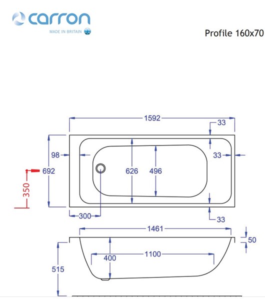 CARRON Profile Carronite 463C Μπανιέρα 160x70cm 204lt
